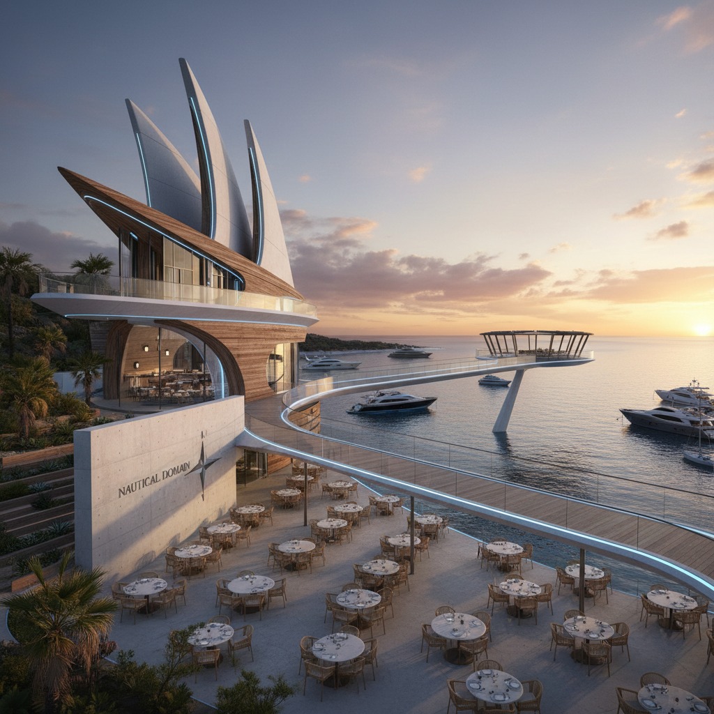 A futuristic seaside resort features a sailboat-inspired architectural building connected by a curved walkway to an over-water viewing platform, with an outdoor dining terrace below at sunset.